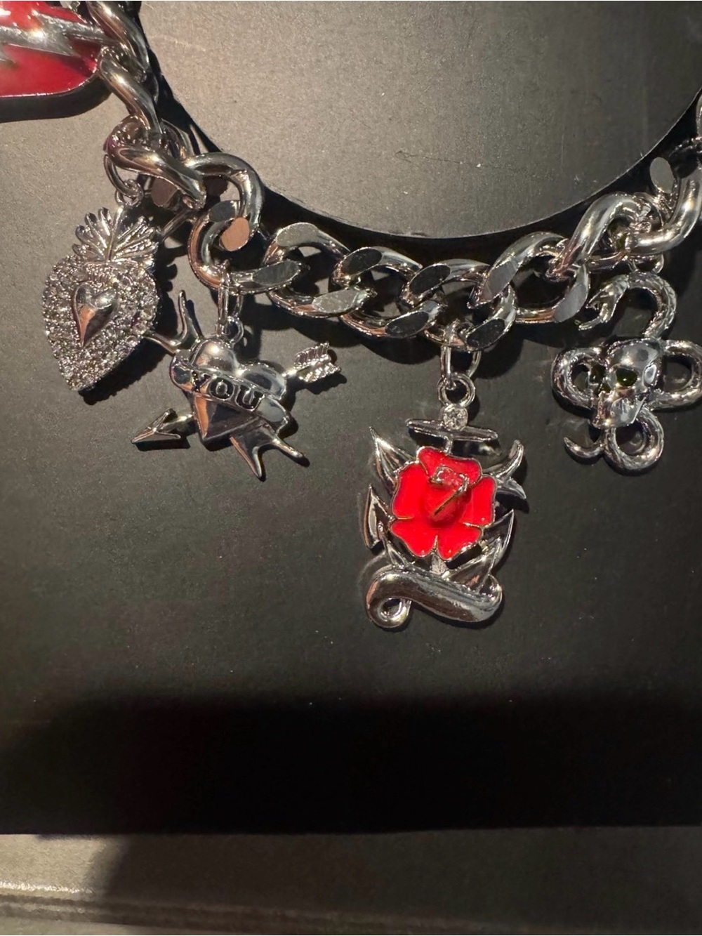 Ed Hardy Silver tone Charm Bracelet with Red enamel Accents bnip - Picture 7 of 10